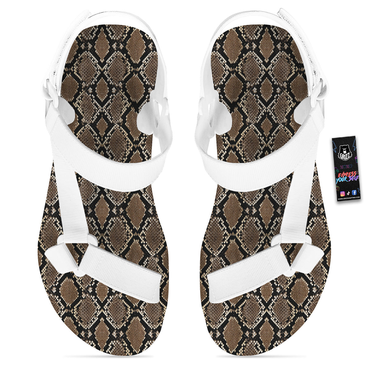 Snakeskin Python Brown Print White Open Toe Sandals-grizzshop