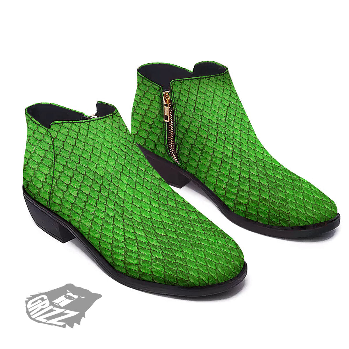 Snakeskin Python Green Print Ankle Boots-grizzshop