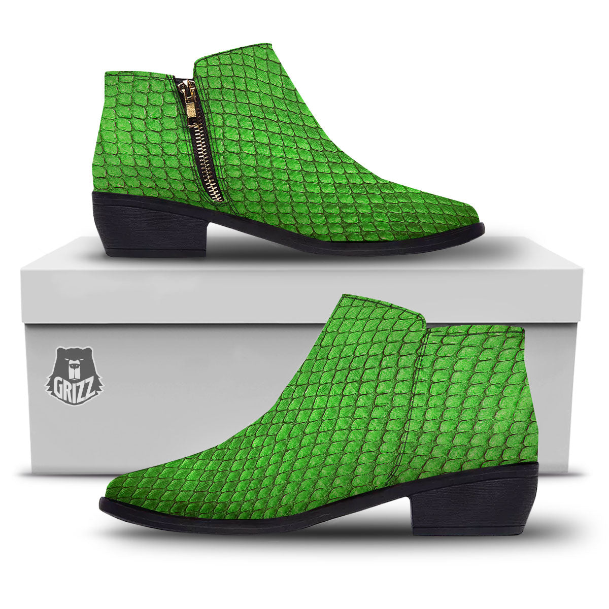 Snakeskin Python Green Print Ankle Boots-grizzshop
