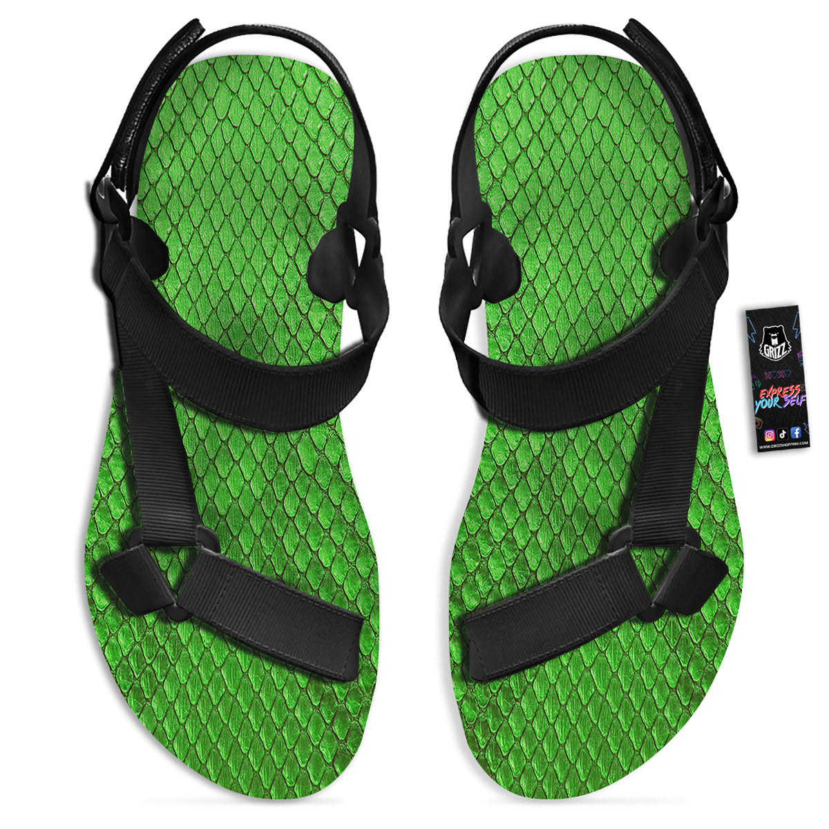 Snakeskin Python Green Print Black Open Toe Sandals-grizzshop