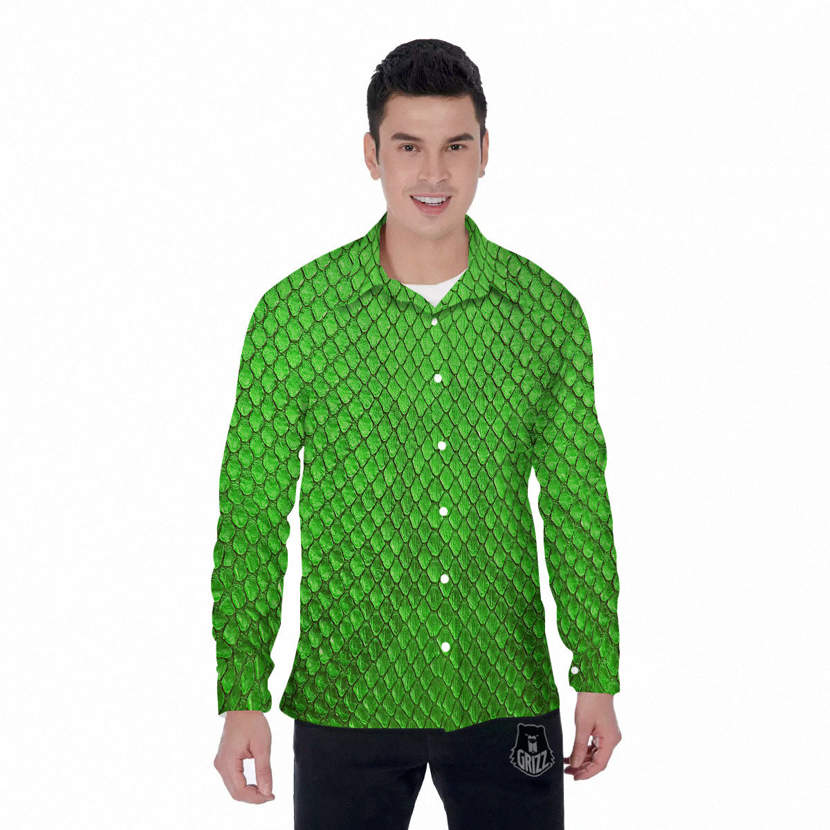 Snakeskin Python Green Print Men's Long Sleeve Shirts-grizzshop