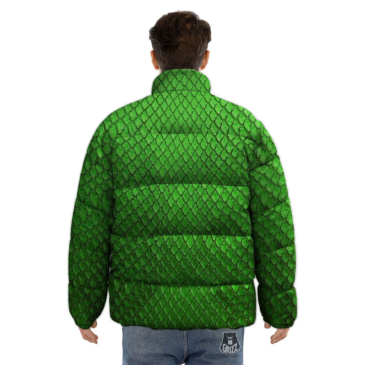 Snakeskin Python Green Print Puffer Jacket-grizzshop