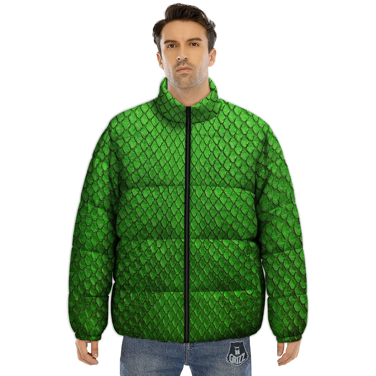 Snakeskin Python Green Print Puffer Jacket-grizzshop
