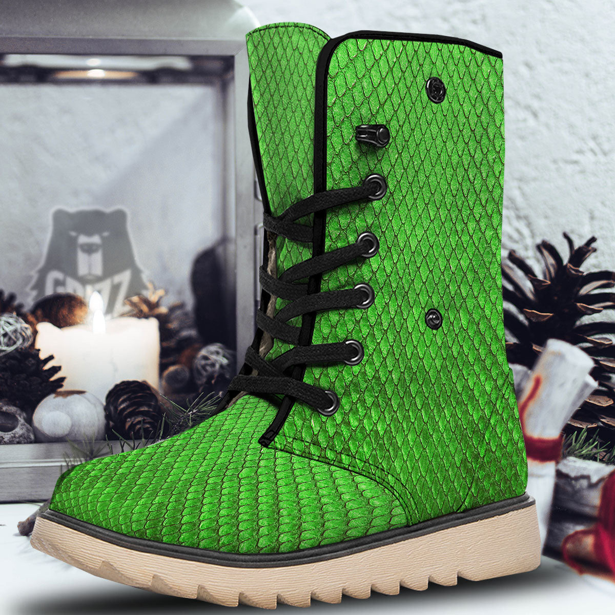 Snakeskin Python Green Print Snow Boots-grizzshop