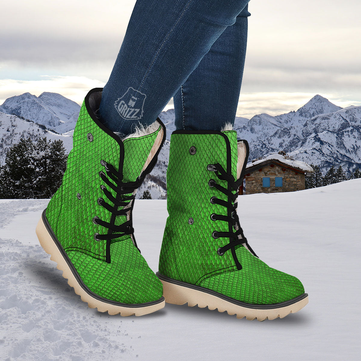 Snakeskin Python Green Print Snow Boots-grizzshop