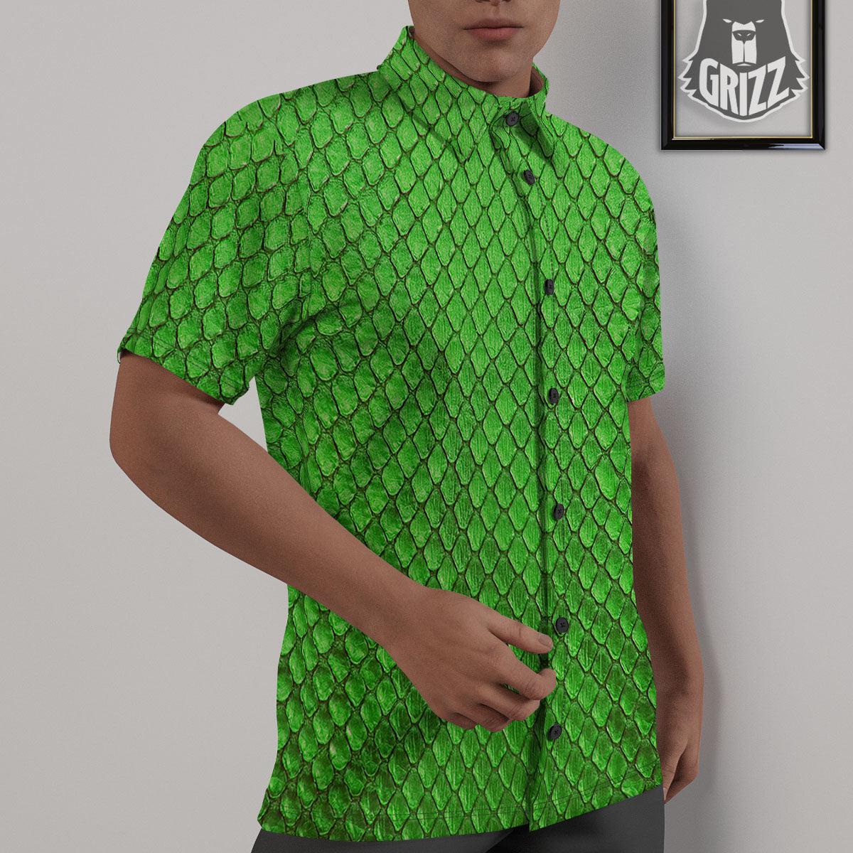 Snakeskin Python Green Print Untucked Shirts-grizzshop