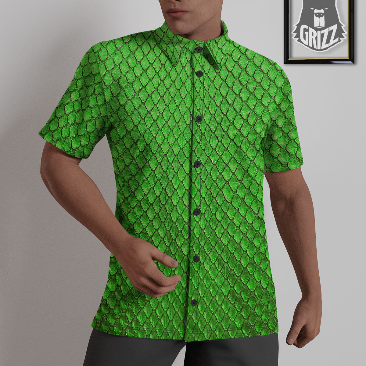 Snakeskin Python Green Print Untucked Shirts-grizzshop