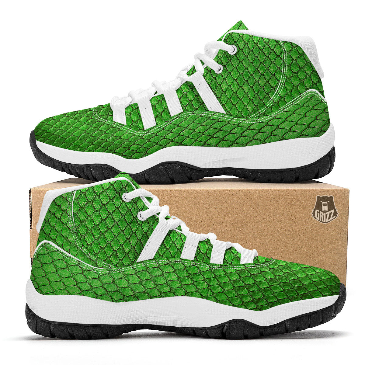 Snakeskin Python Green Print White Bball Shoes-grizzshop