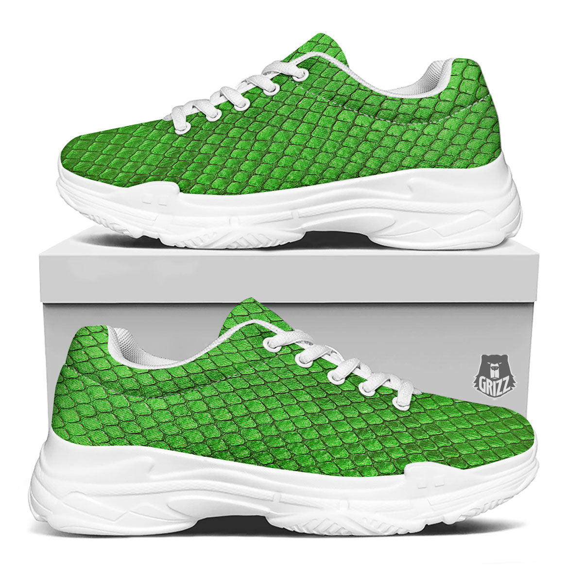 Snakeskin Python Green Print White Chunky Shoes-grizzshop