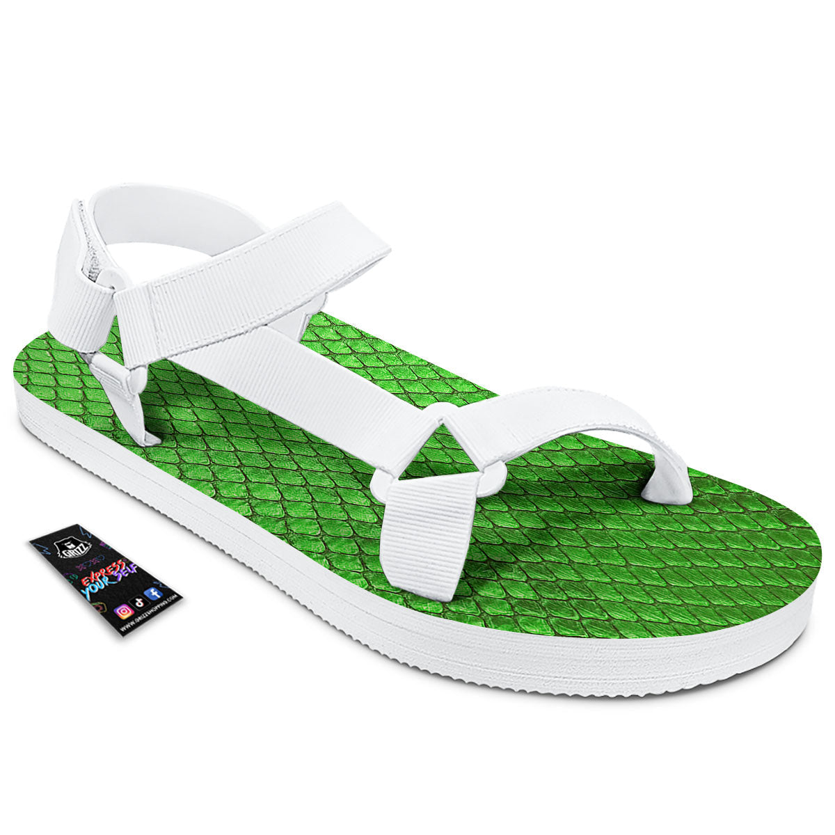 Snakeskin Python Green Print White Open Toe Sandals-grizzshop