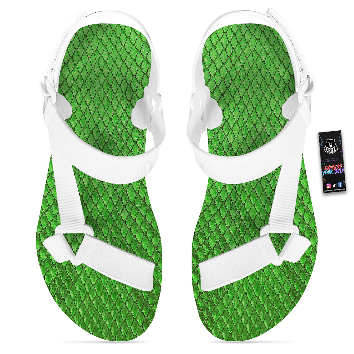 Snakeskin Python Green Print White Open Toe Sandals-grizzshop