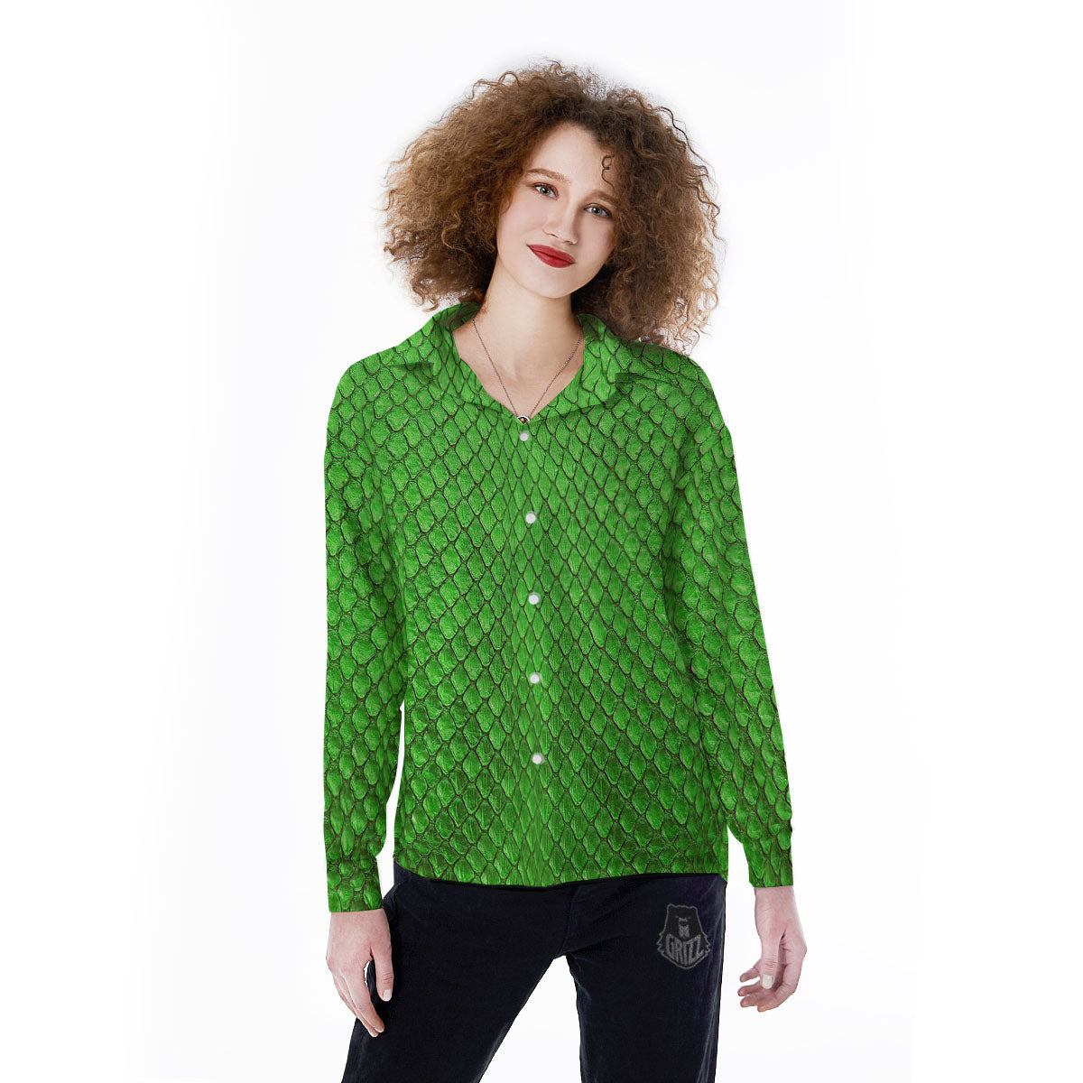 Snakeskin Python Green Print Women's Long Sleeve Shirts-grizzshop