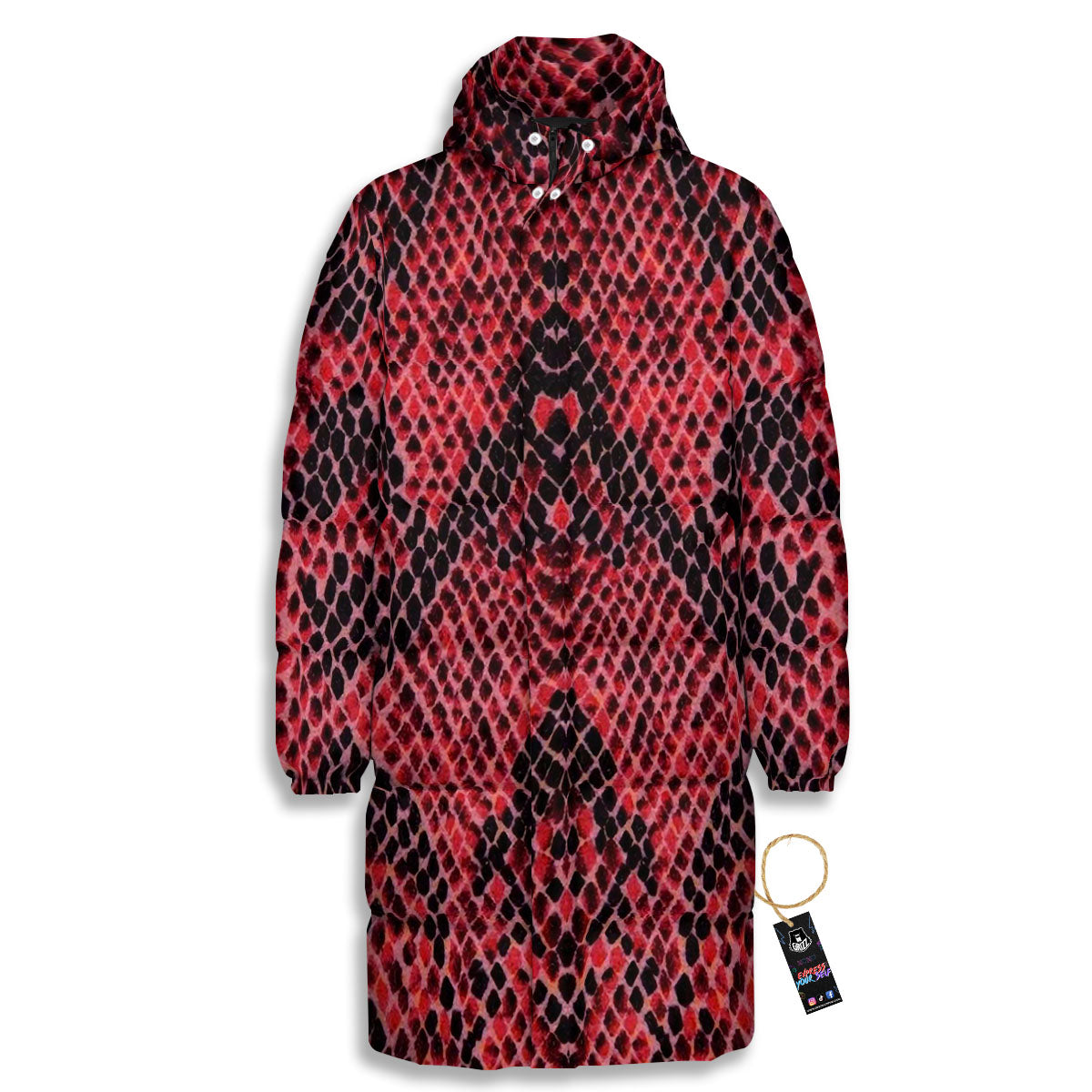 Snakeskin Python Red Print Long Down Jacket-grizzshop