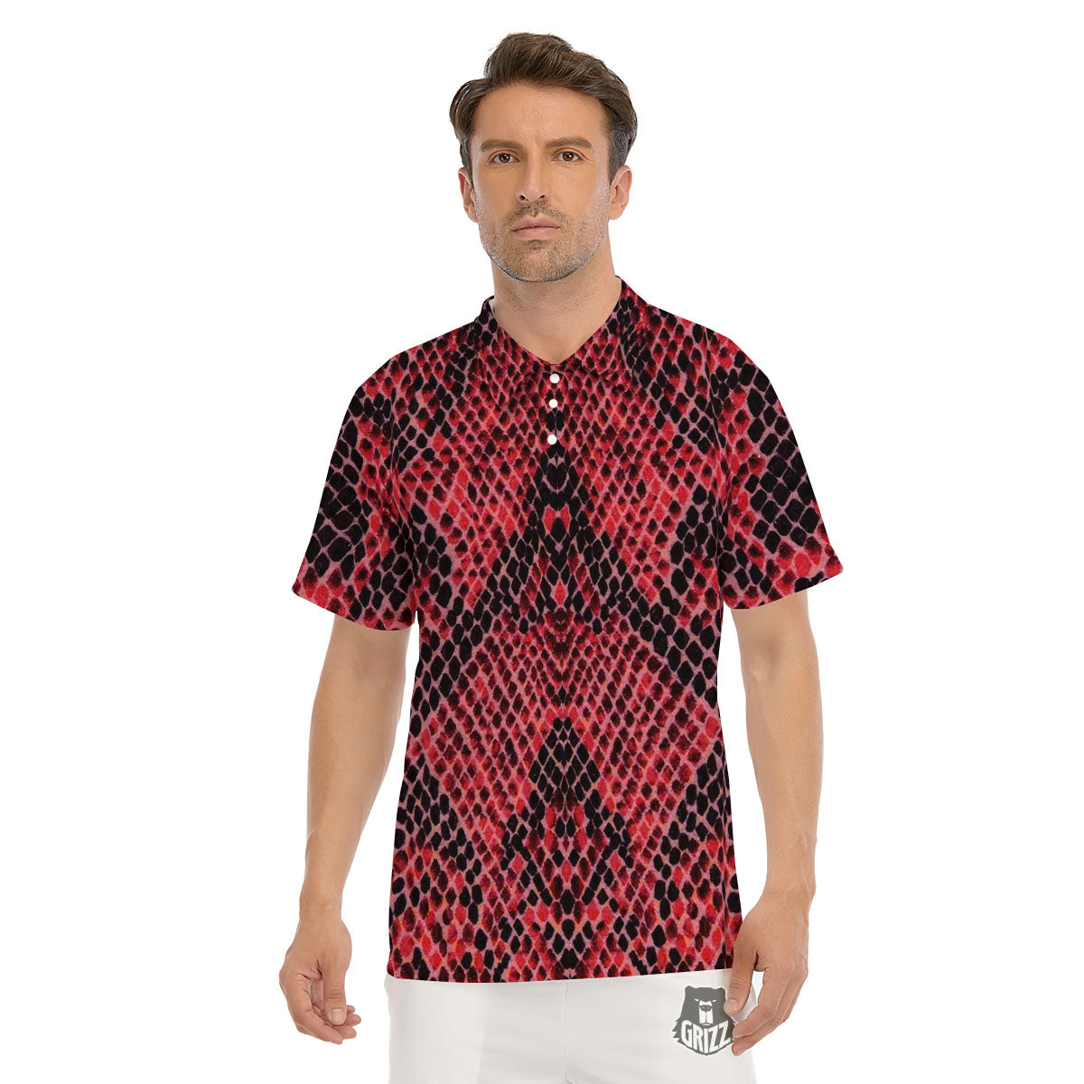 Snakeskin Python Red Print Men's Golf Shirts-grizzshop