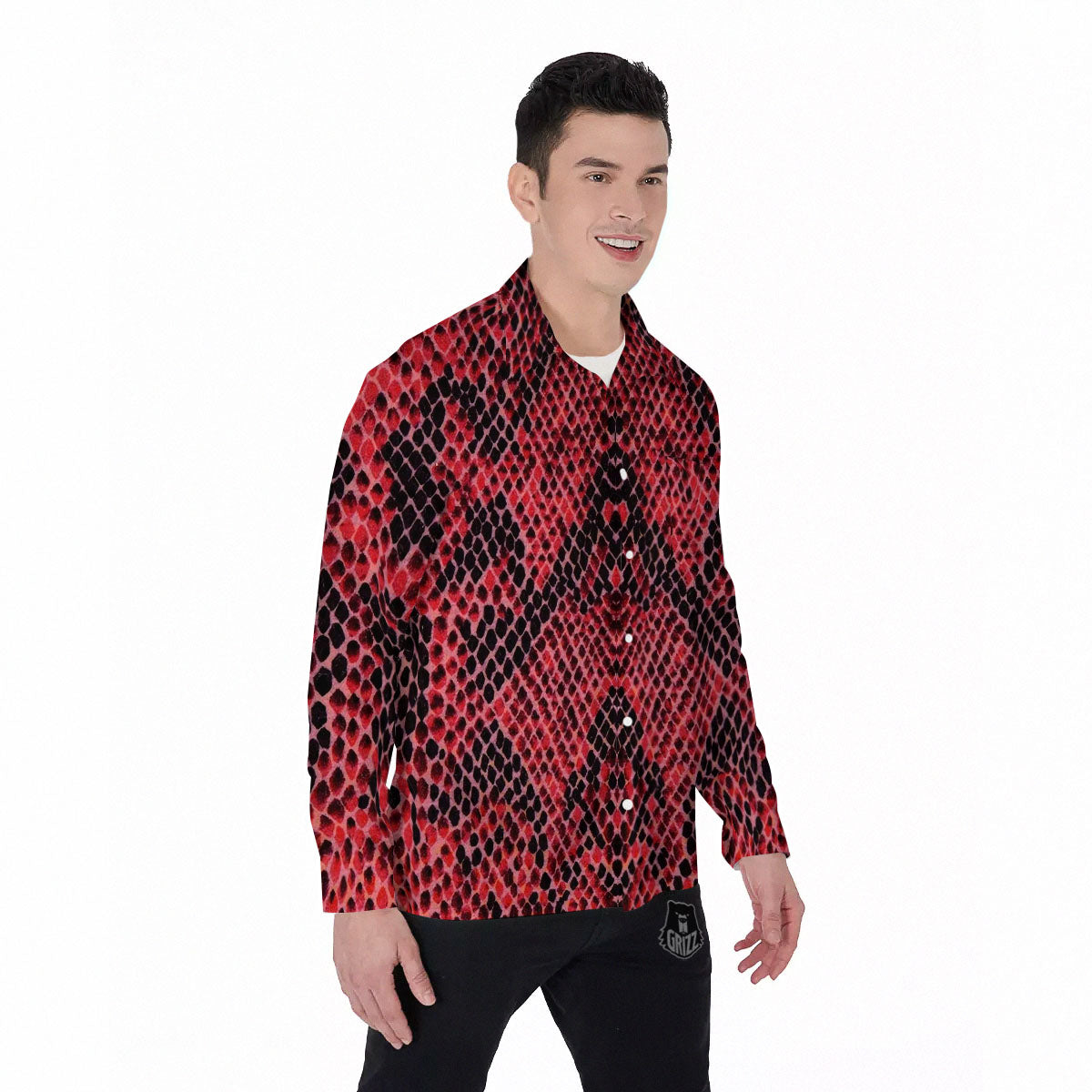 Snakeskin Python Red Print Men's Long Sleeve Shirts-grizzshop