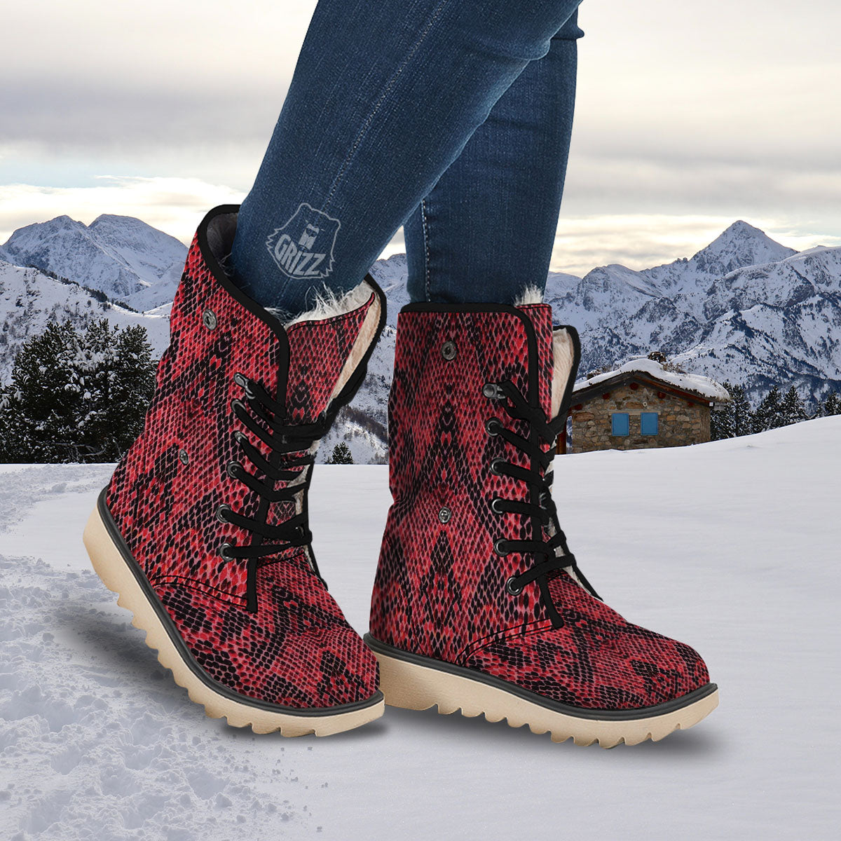 Snakeskin Python Red Print Snow Boots-grizzshop