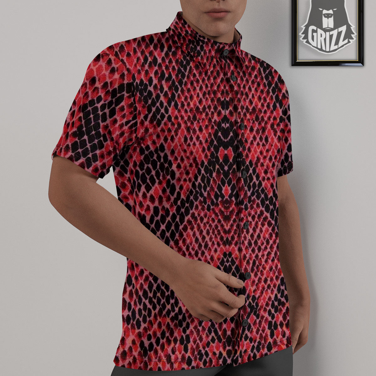 Snakeskin Python Red Print Untucked Shirts-grizzshop
