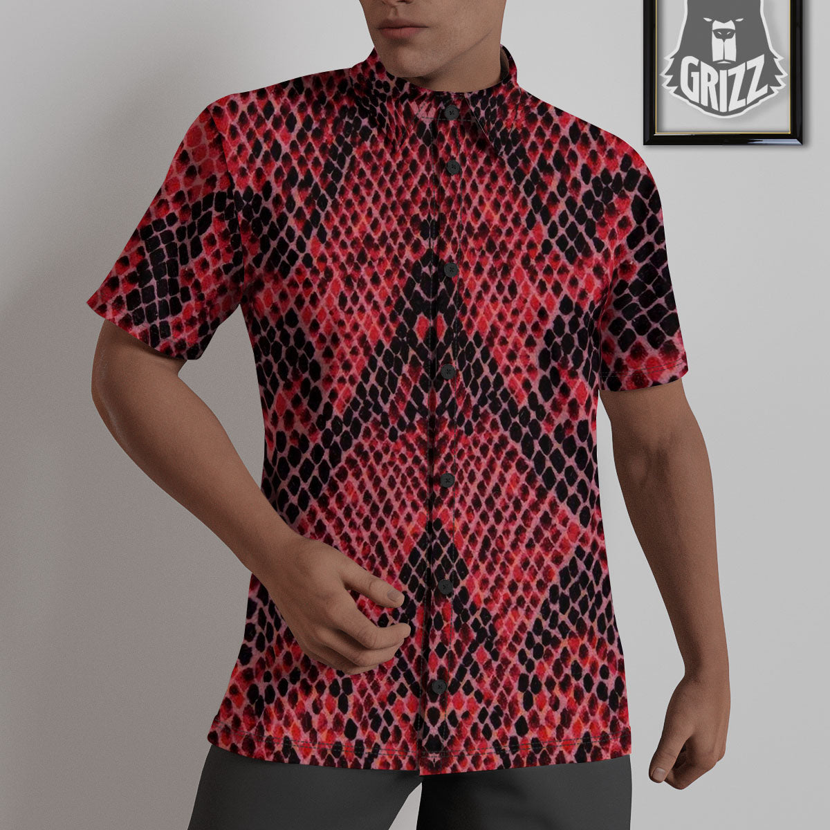 Snakeskin Python Red Print Untucked Shirts-grizzshop
