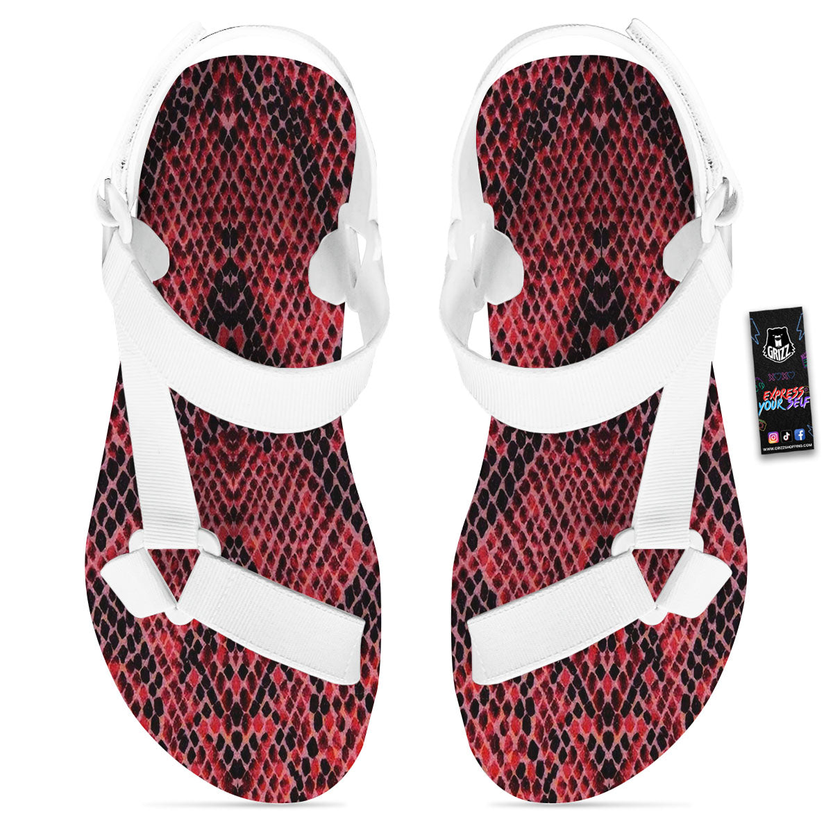Snakeskin Python Red Print White Open Toe Sandals-grizzshop