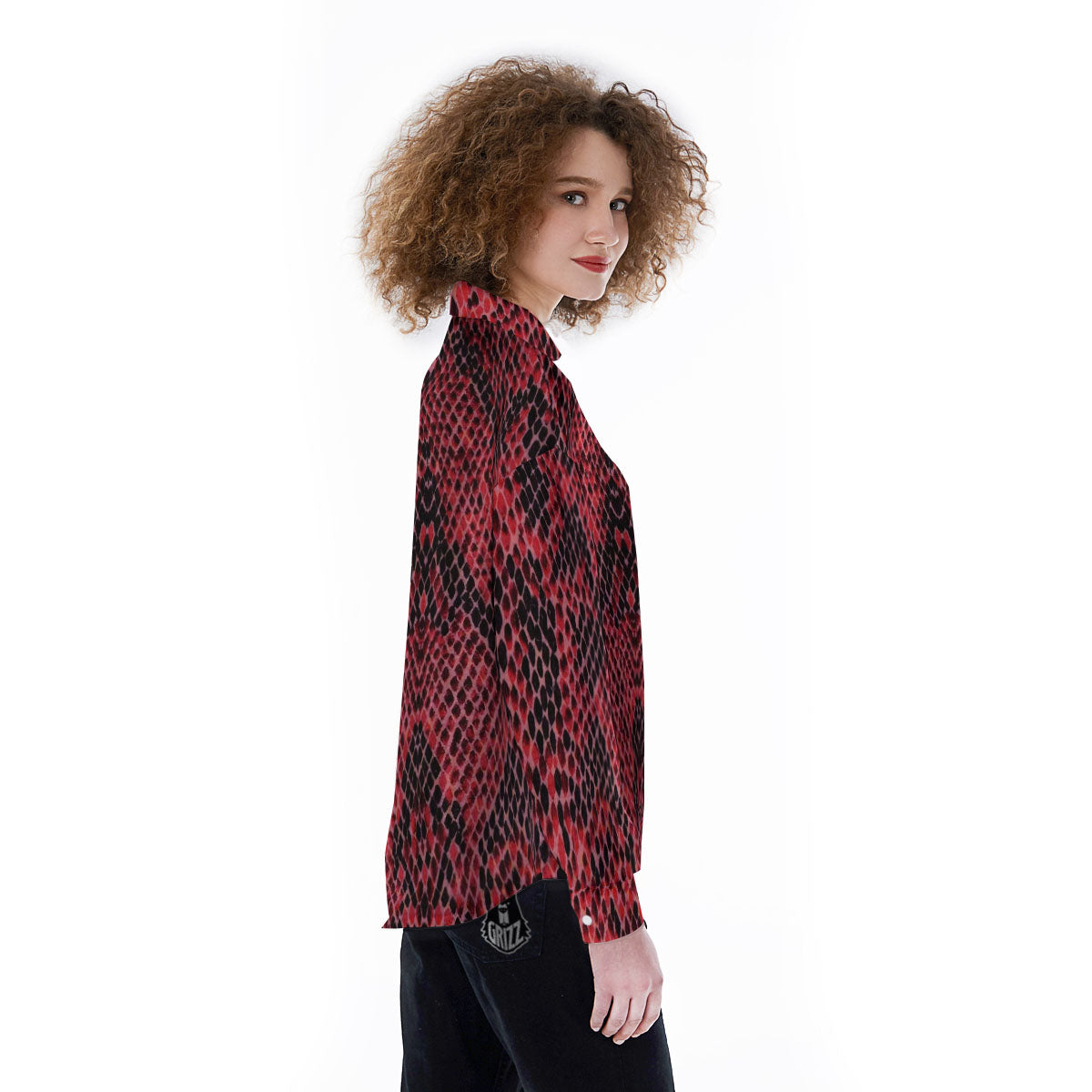 Snakeskin Python Red Print Women's Long Sleeve Shirts-grizzshop