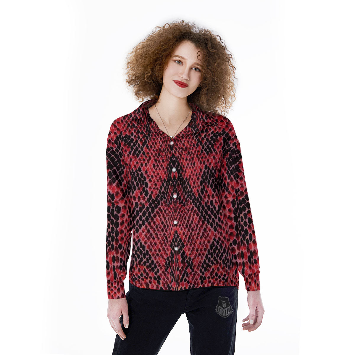 Snakeskin Python Red Print Women's Long Sleeve Shirts-grizzshop
