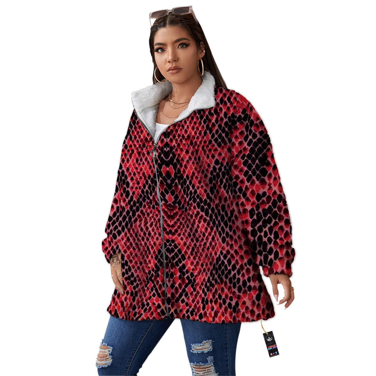 Snakeskin Python Red Print Women's Sherpa Jacket-grizzshop