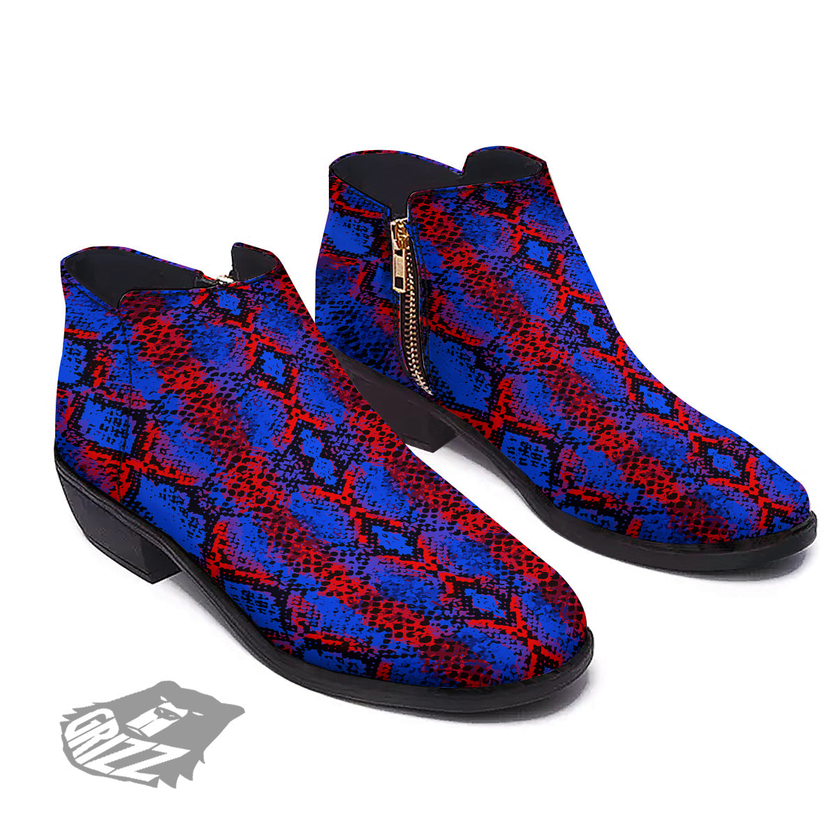 Snakeskin Red And Blue Print Ankle Boots-grizzshop