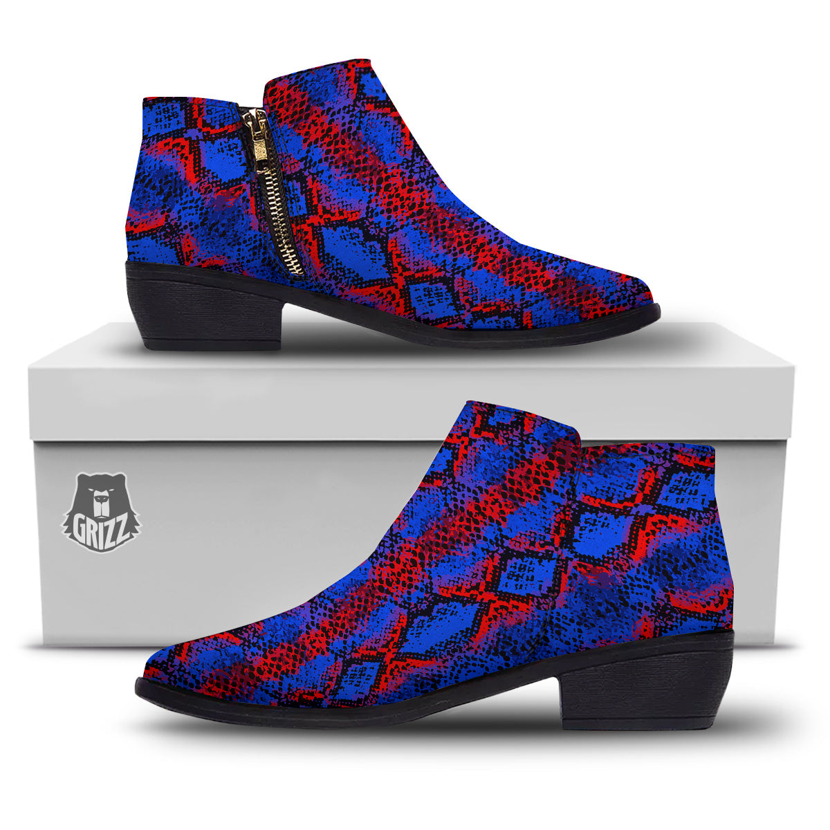 Snakeskin Red And Blue Print Ankle Boots-grizzshop