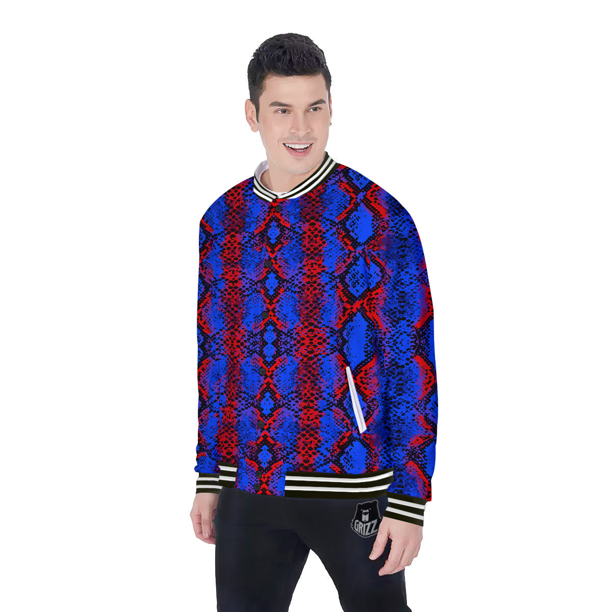 Snakeskin Red And Blue Print Baseball Jacket-grizzshop