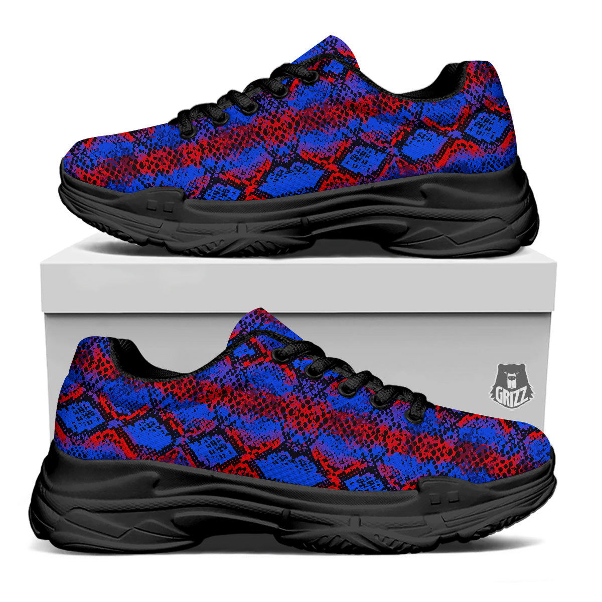 Snakeskin Red And Blue Print Black Chunky Shoes-grizzshop