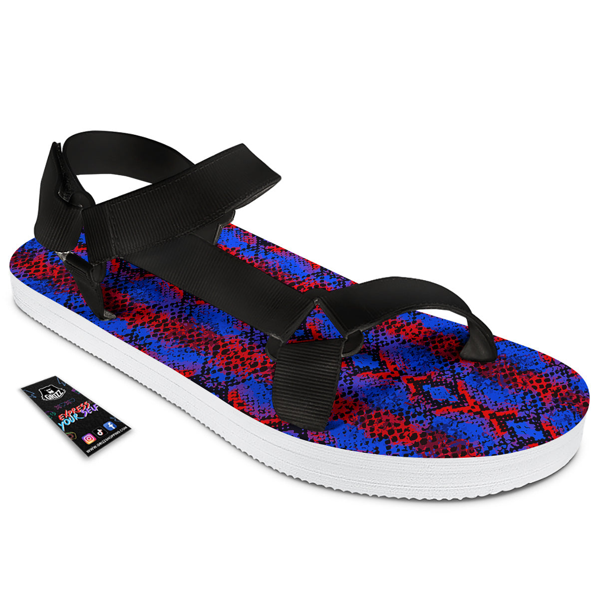 Snakeskin Red And Blue Print Black Open Toe Sandals-grizzshop