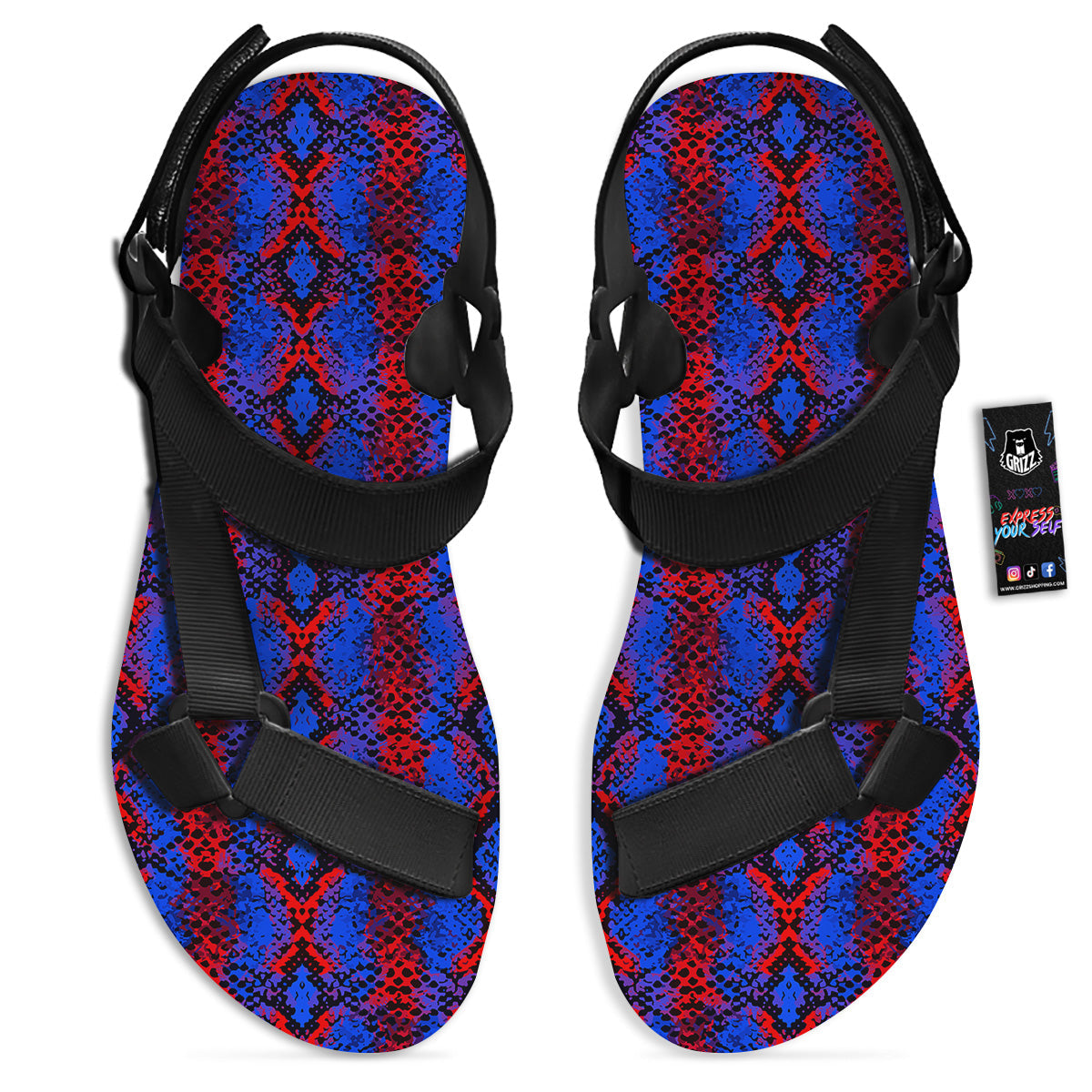 Snakeskin Red And Blue Print Black Open Toe Sandals-grizzshop