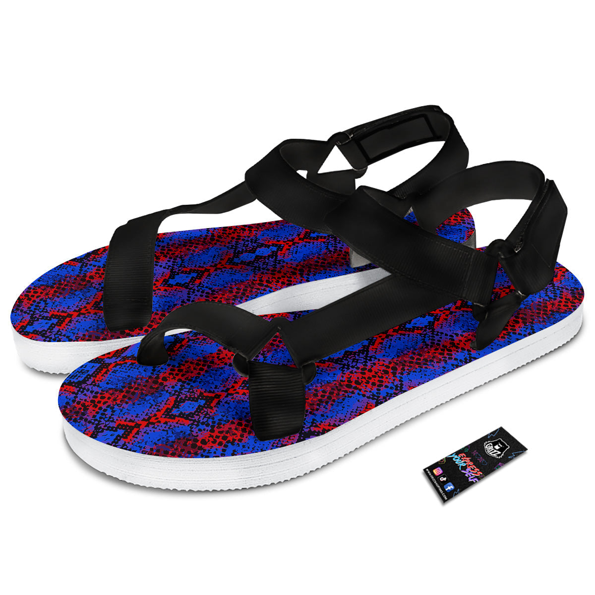 Snakeskin Red And Blue Print Black Open Toe Sandals-grizzshop