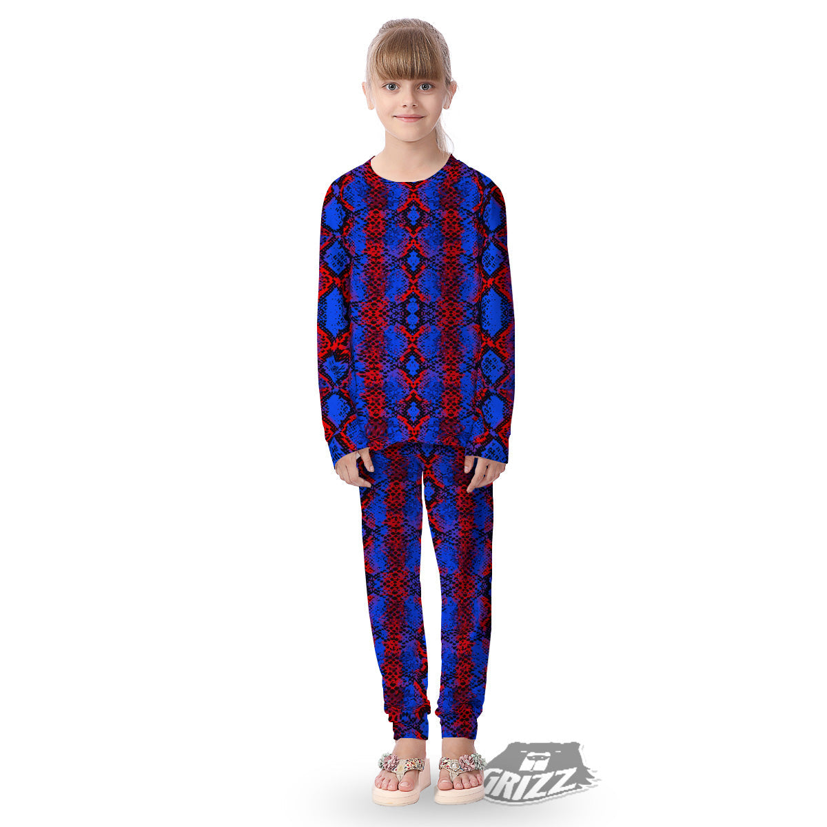 Snakeskin Red And Blue Print Kid's Pajamas-grizzshop