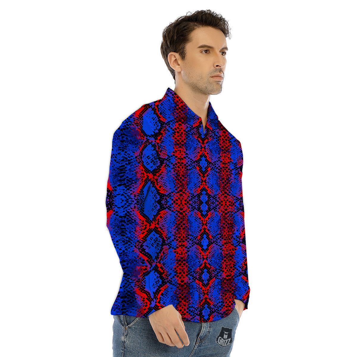 Snakeskin Red And Blue Print Men's Dress Shirts-grizzshop