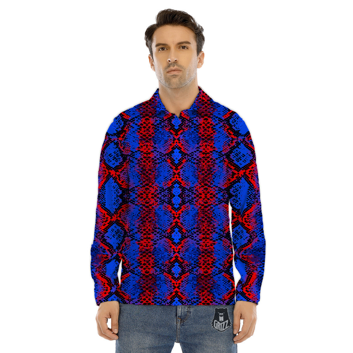 Snakeskin Red And Blue Print Men's Dress Shirts-grizzshop