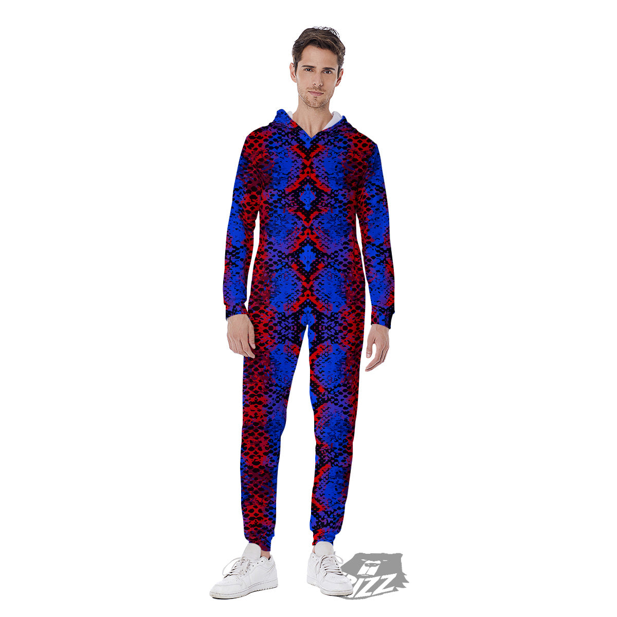 Snakeskin Red And Blue Print Men's Jumpsuit-grizzshop