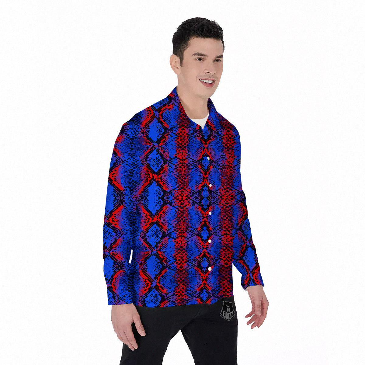 Snakeskin Red And Blue Print Men's Long Sleeve Shirts-grizzshop