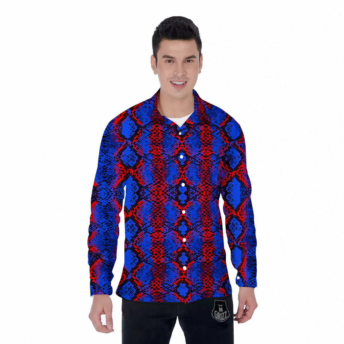 Snakeskin Red And Blue Print Men's Long Sleeve Shirts-grizzshop