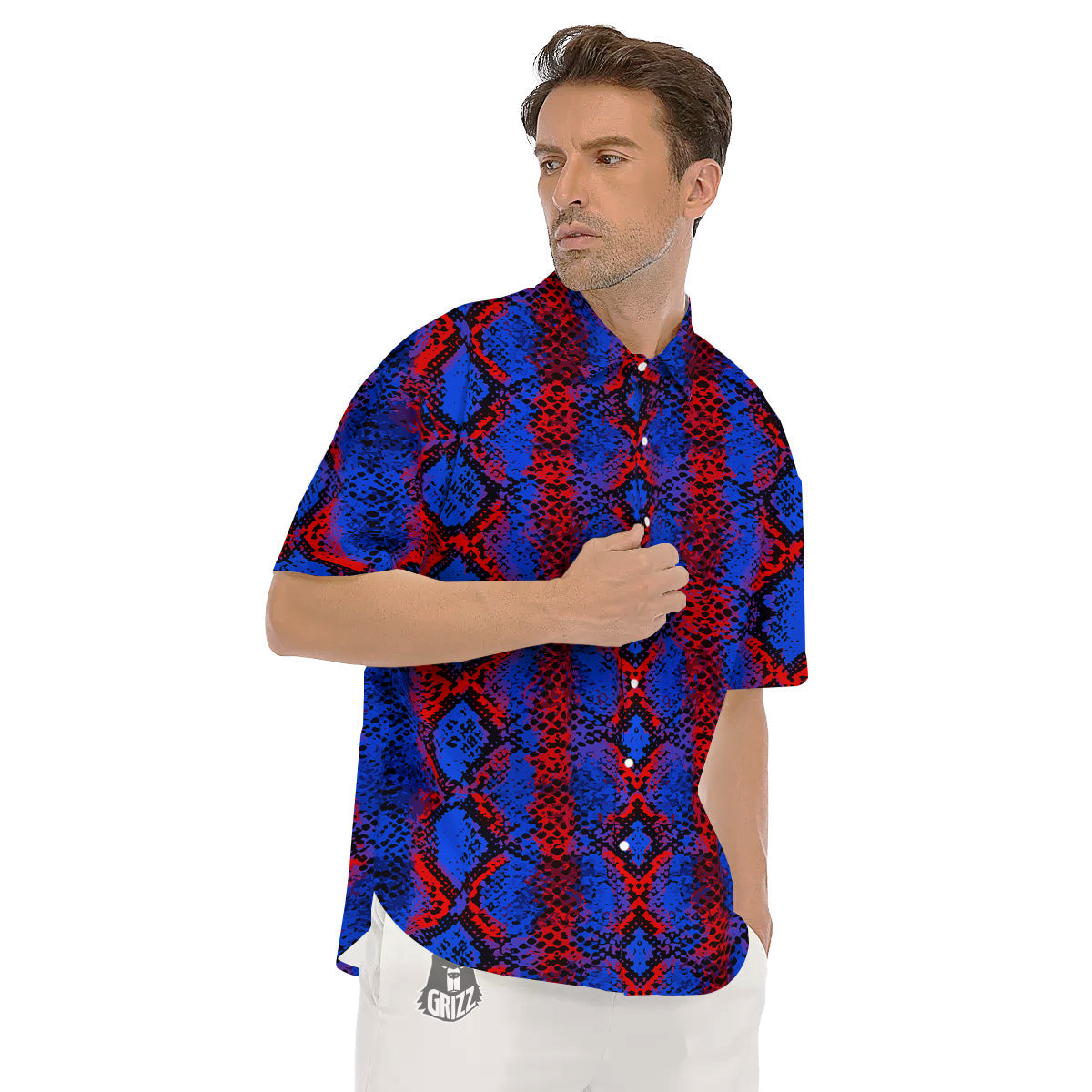 Snakeskin Red And Blue Print Men's Short Sleeve Shirts-grizzshop