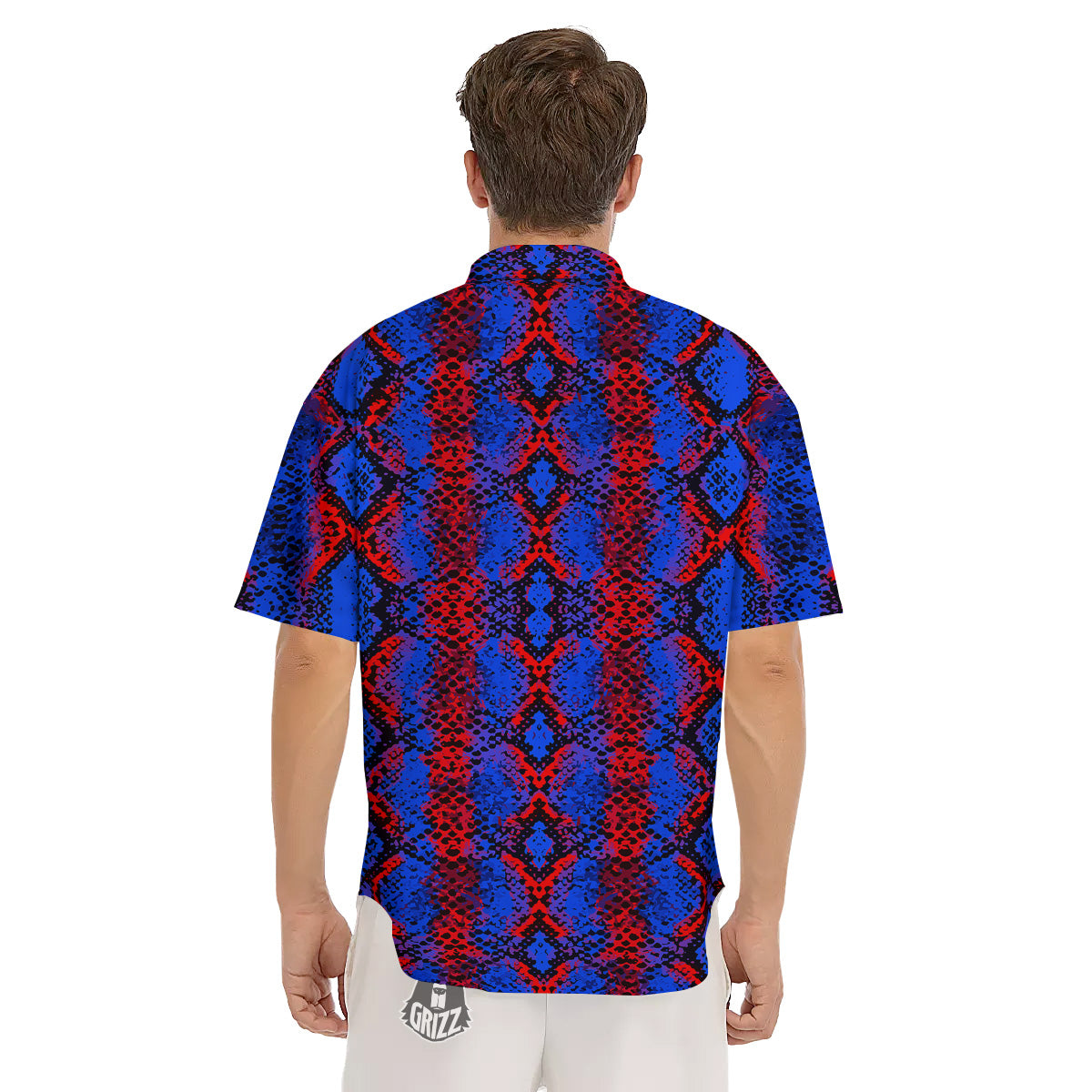 Snakeskin Red And Blue Print Men's Short Sleeve Shirts-grizzshop