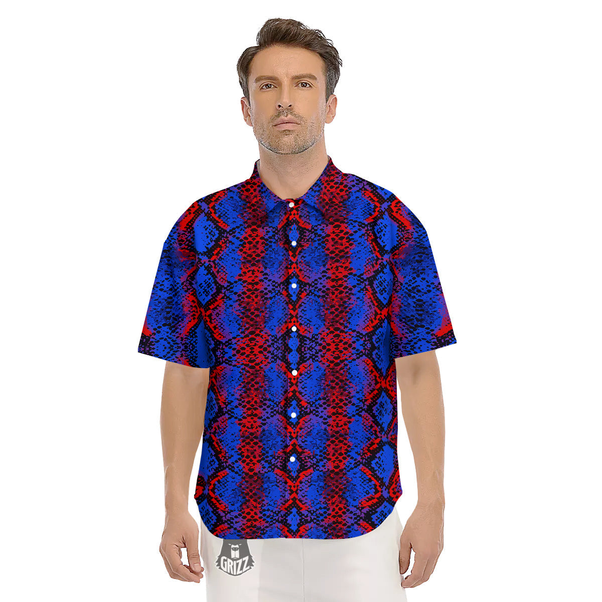 Snakeskin Red And Blue Print Men's Short Sleeve Shirts-grizzshop