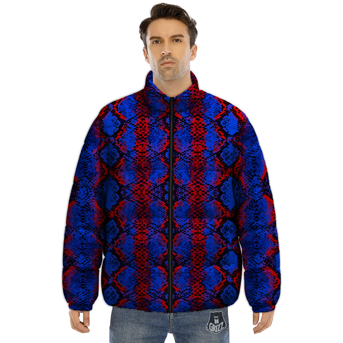 Snakeskin Red And Blue Print Puffer Jacket-grizzshop