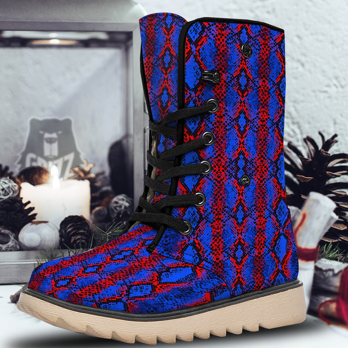 Snakeskin Red And Blue Print Snow Boots-grizzshop