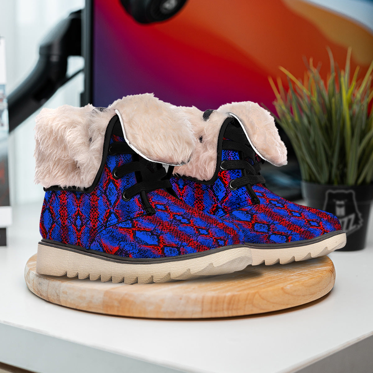 Snakeskin Red And Blue Print Snow Boots-grizzshop