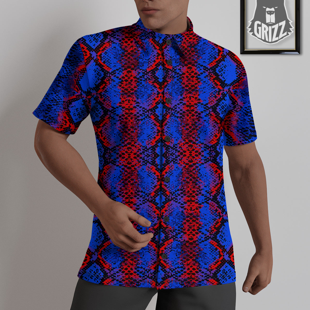 Snakeskin Red And Blue Print Untucked Shirts-grizzshop