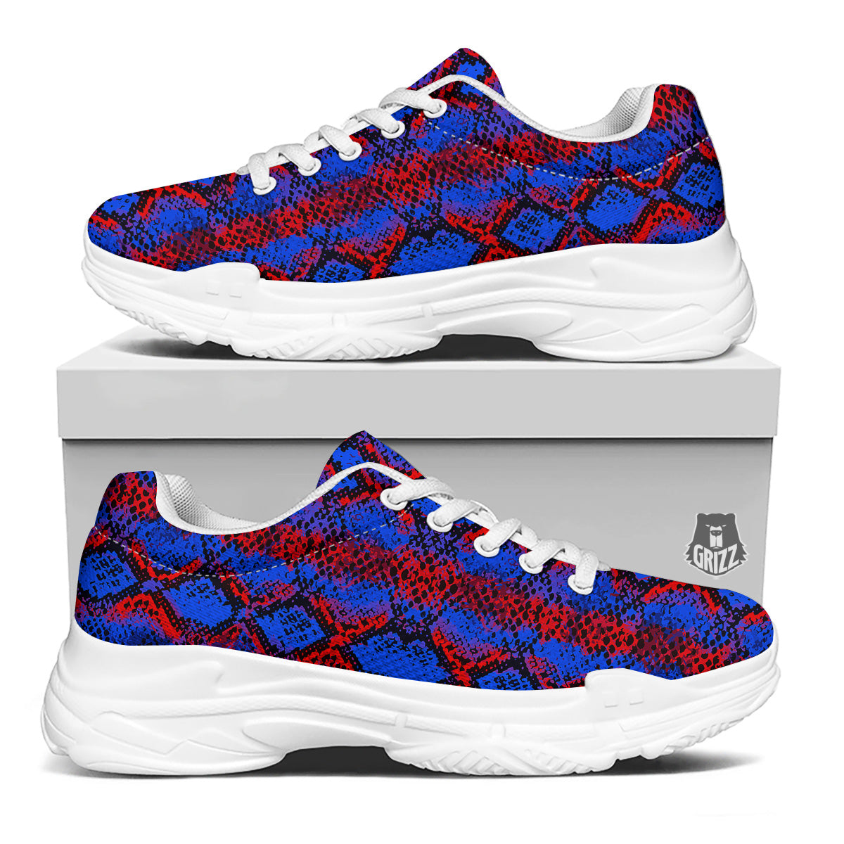 Snakeskin Red And Blue Print White Chunky Shoes-grizzshop