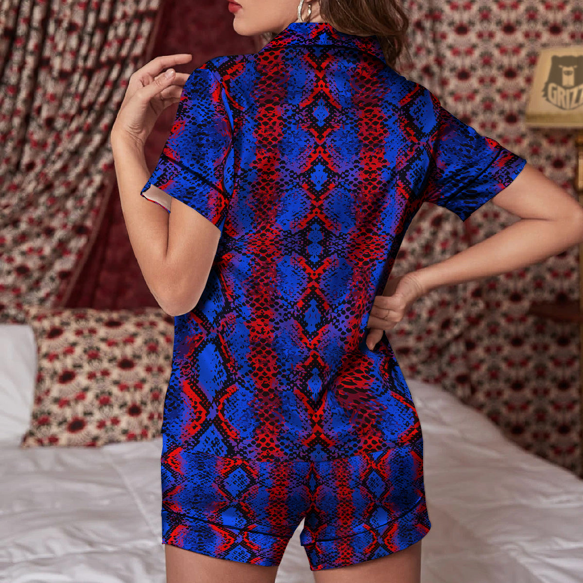 Snakeskin Red And Blue Print Women Silk Pajamas-grizzshop