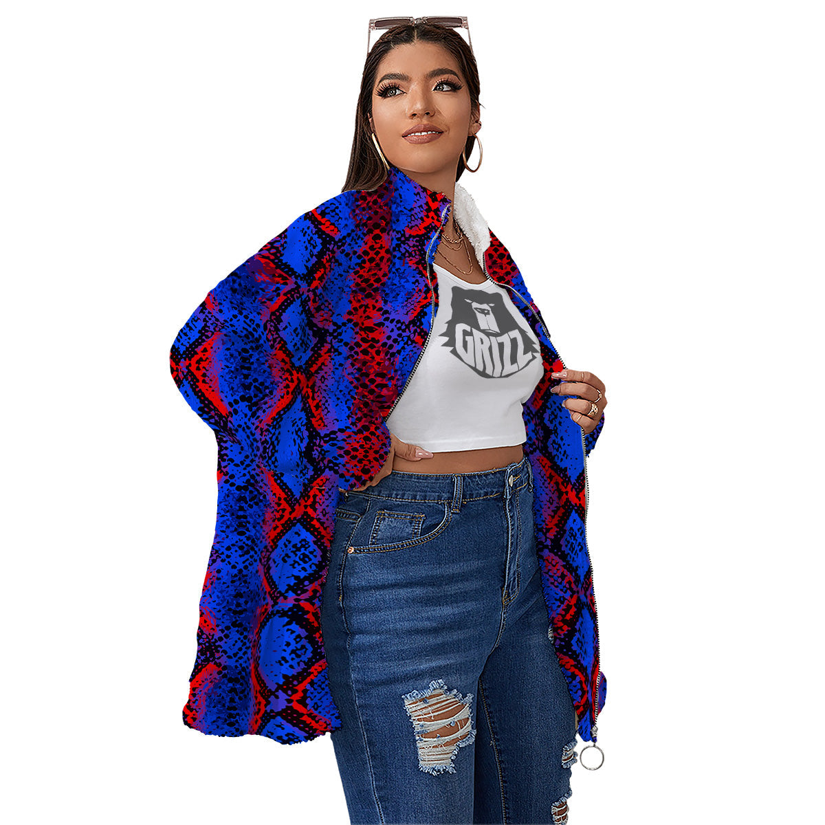 Snakeskin Red And Blue Print Women's Sherpa Jacket-grizzshop