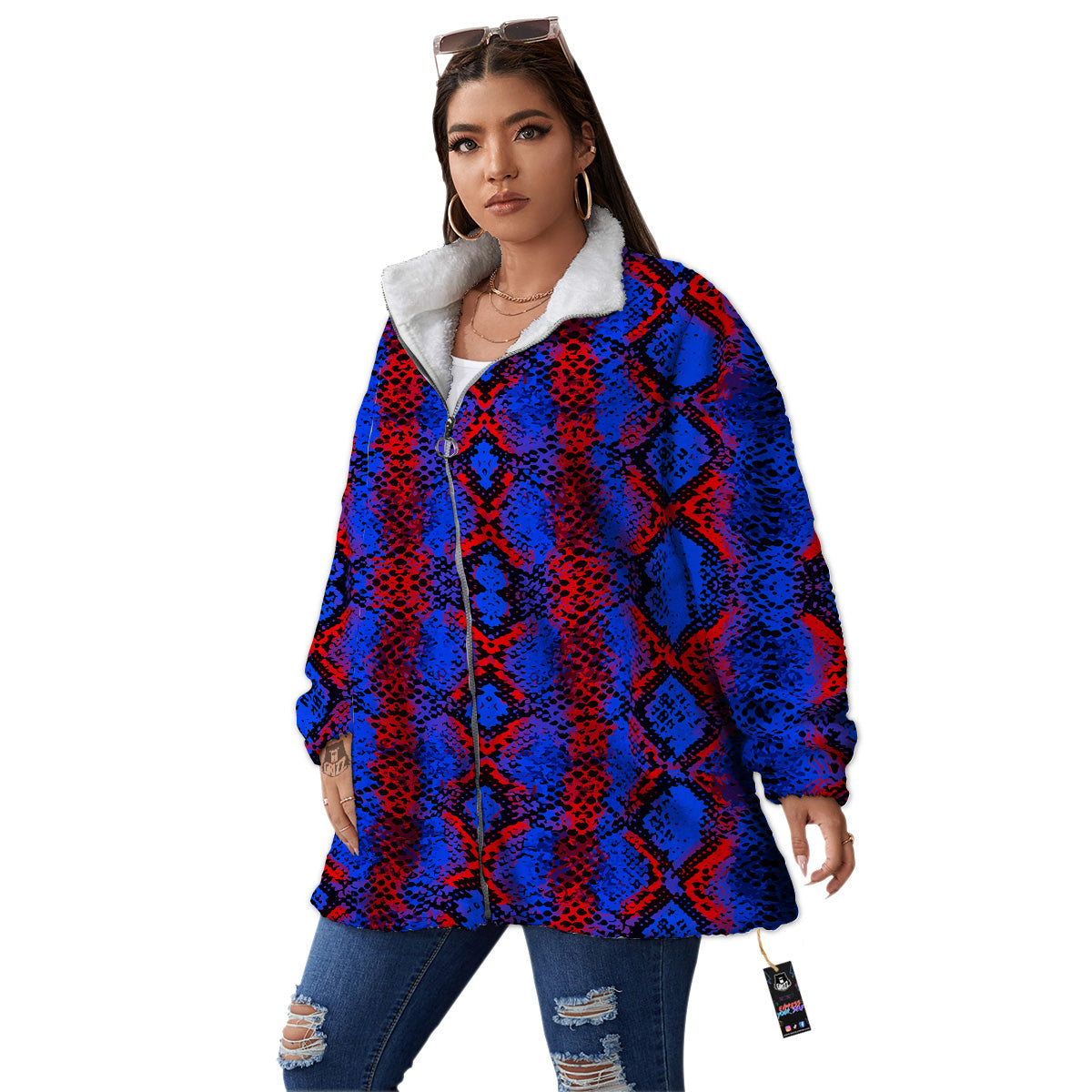 Snakeskin Red And Blue Print Women's Sherpa Jacket-grizzshop